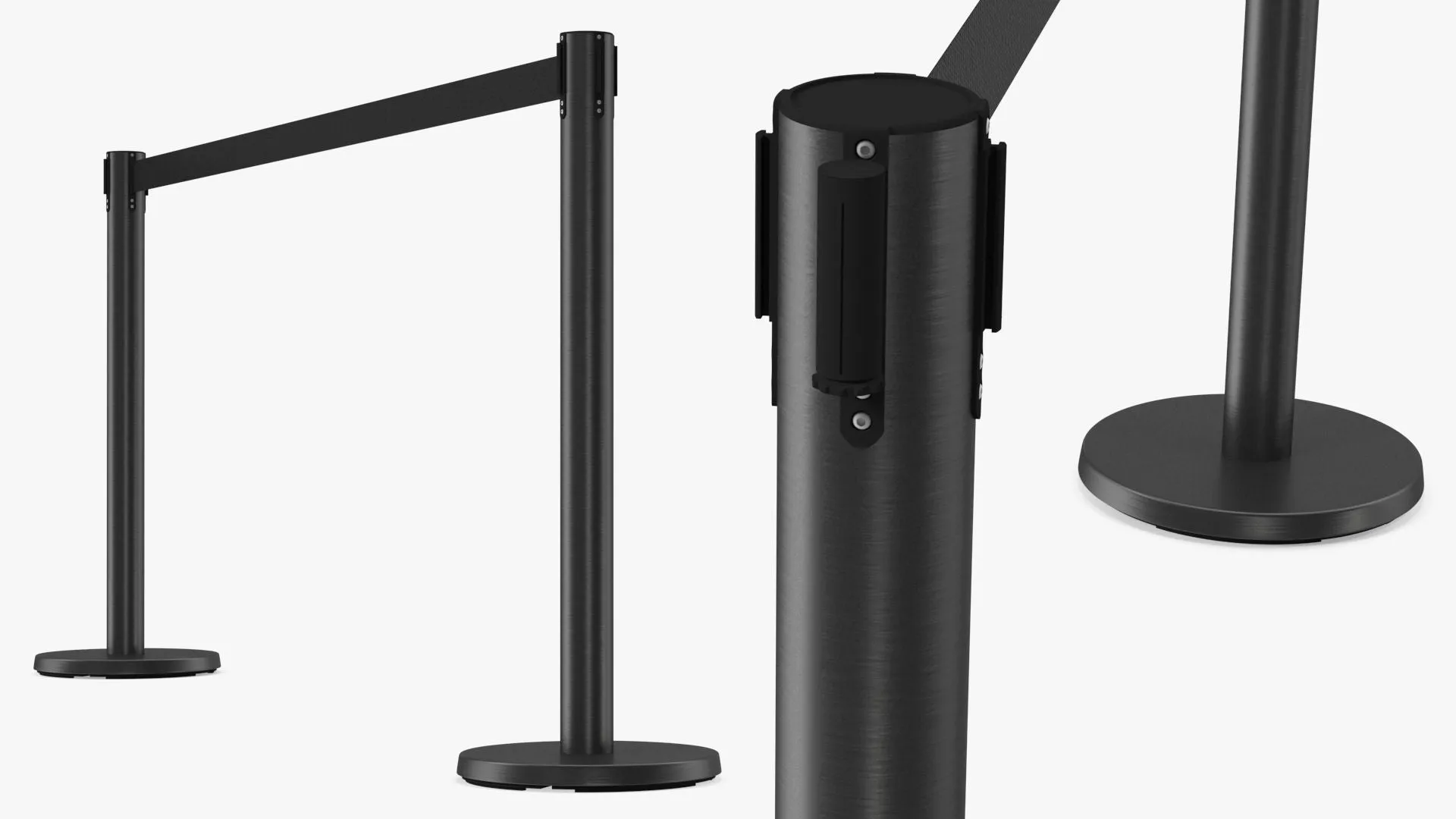 Three black retractable belt stanchion posts with belts drawn between them