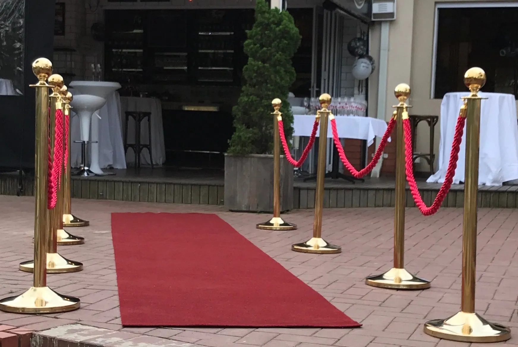 Gold rope stanchion posts with red velvet ropes flanking a red carpet runner