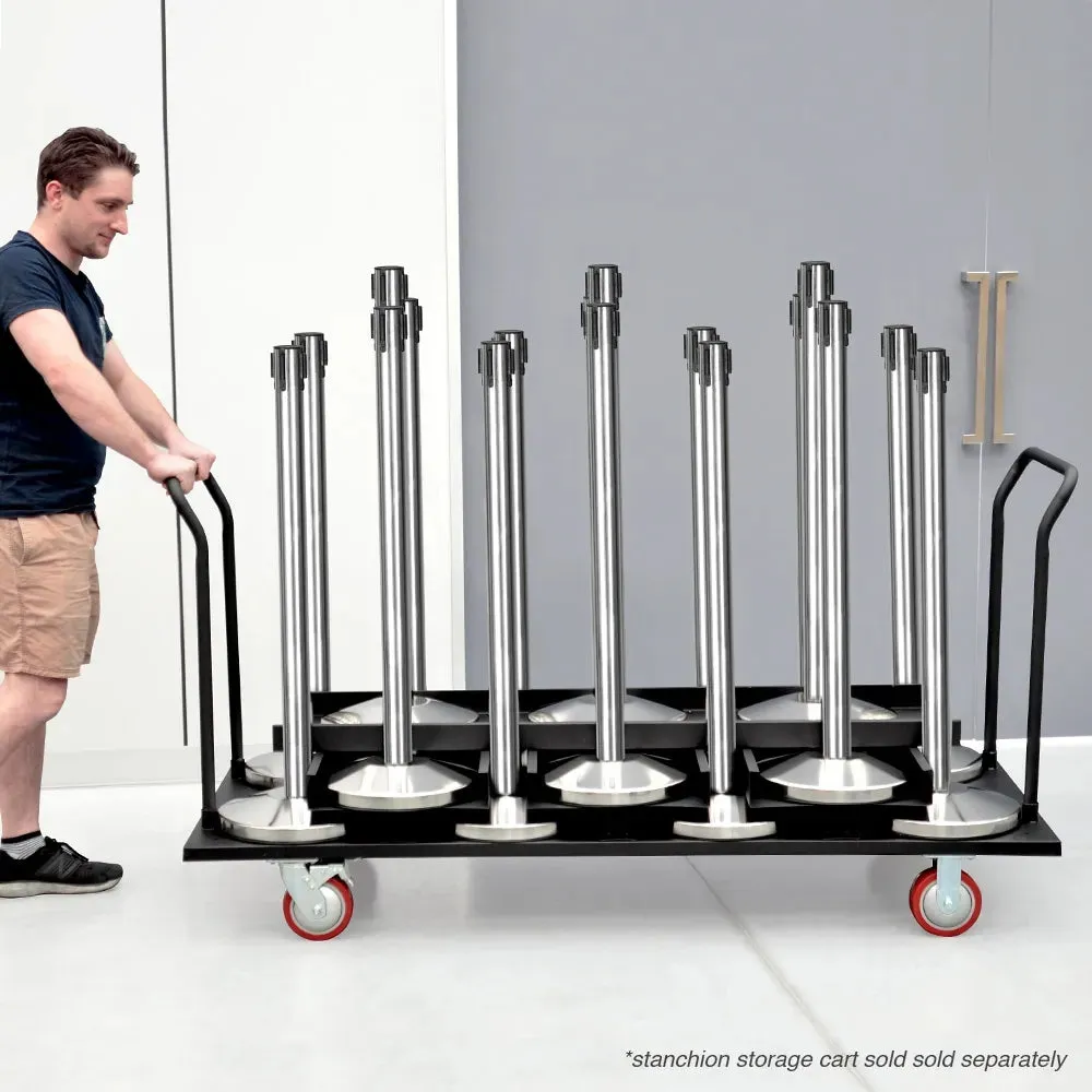 A wheeled storage cart loaded with stanchion posts