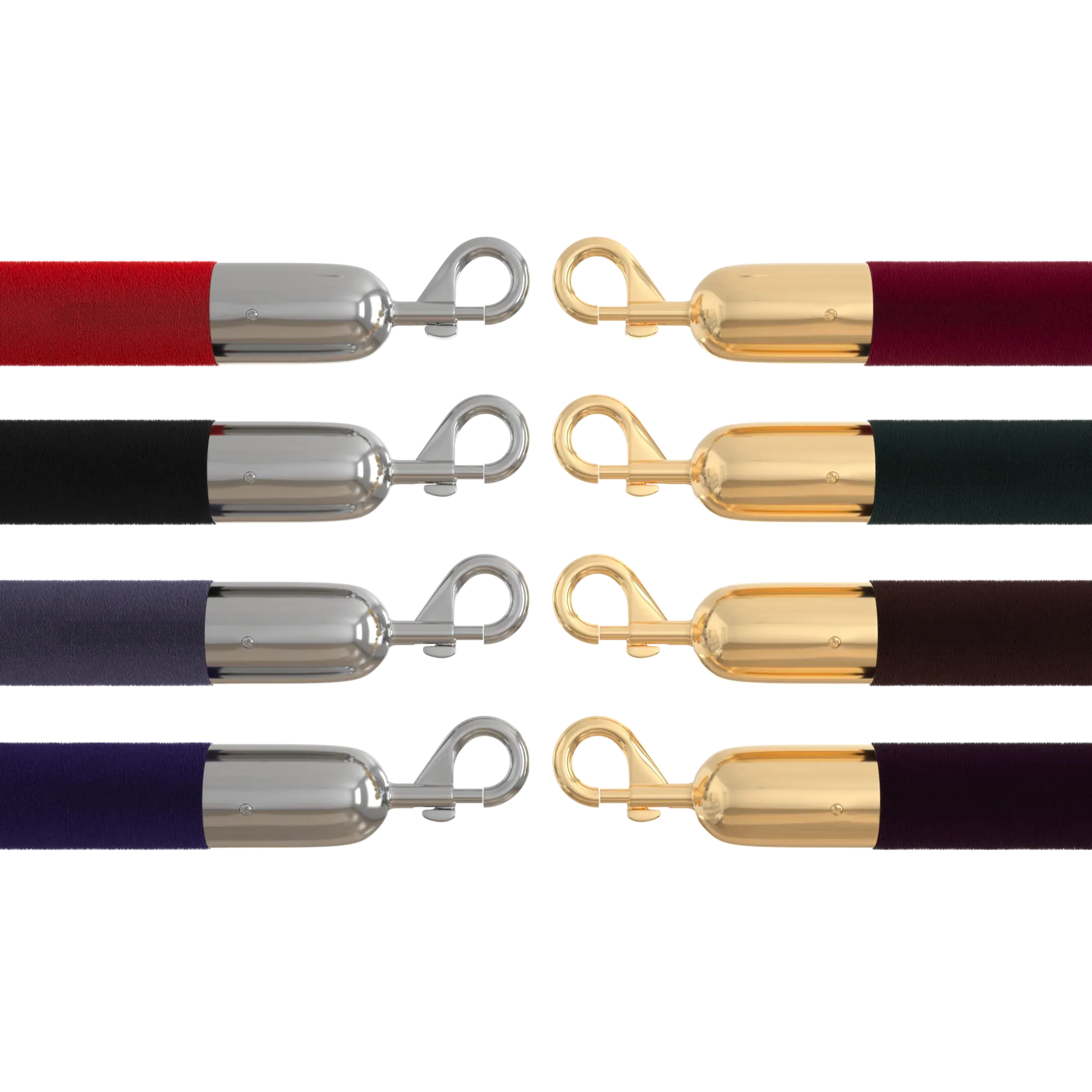 Velvet stanchion ropes in several colours laid out with polished and gold hook ends