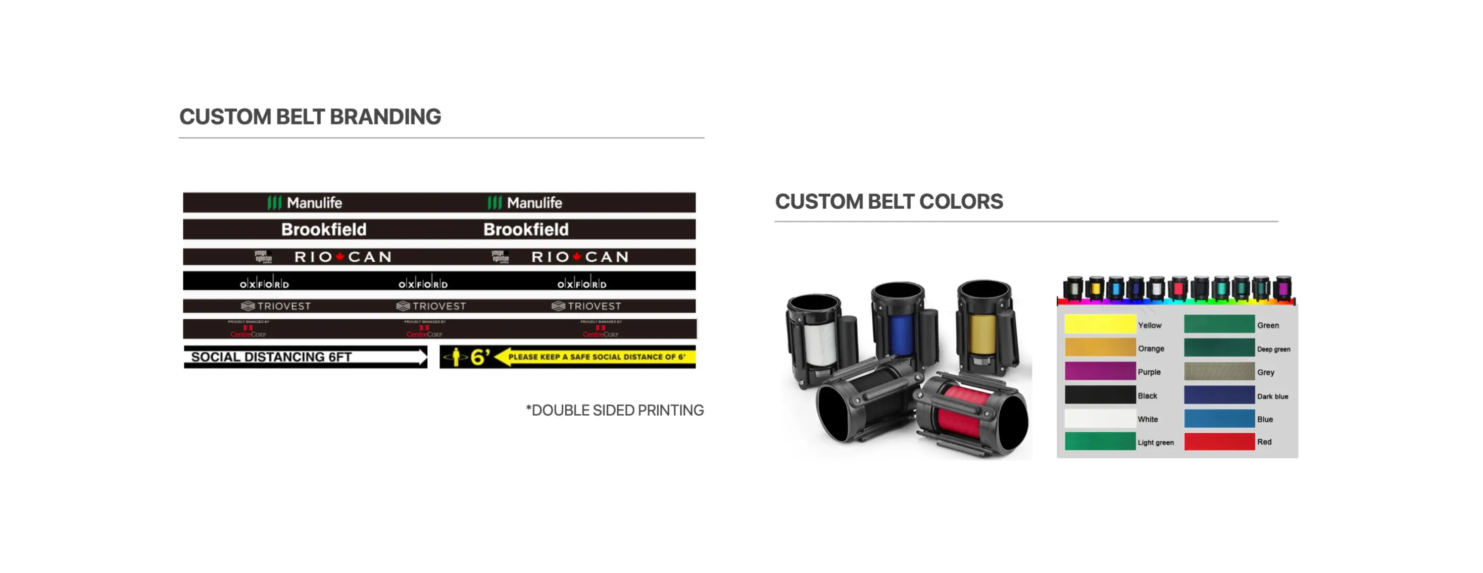A chart of printed belt examples above a colour range showing the belt and cassette colours available