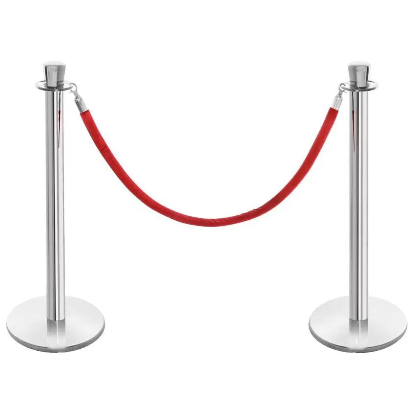 Two chrome rope stanchion posts joined by a red velvet rope