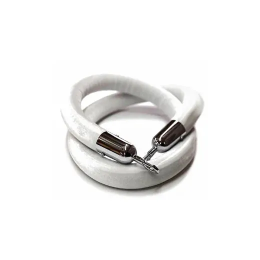 Coiled white velvet rope with polished silver end fittings