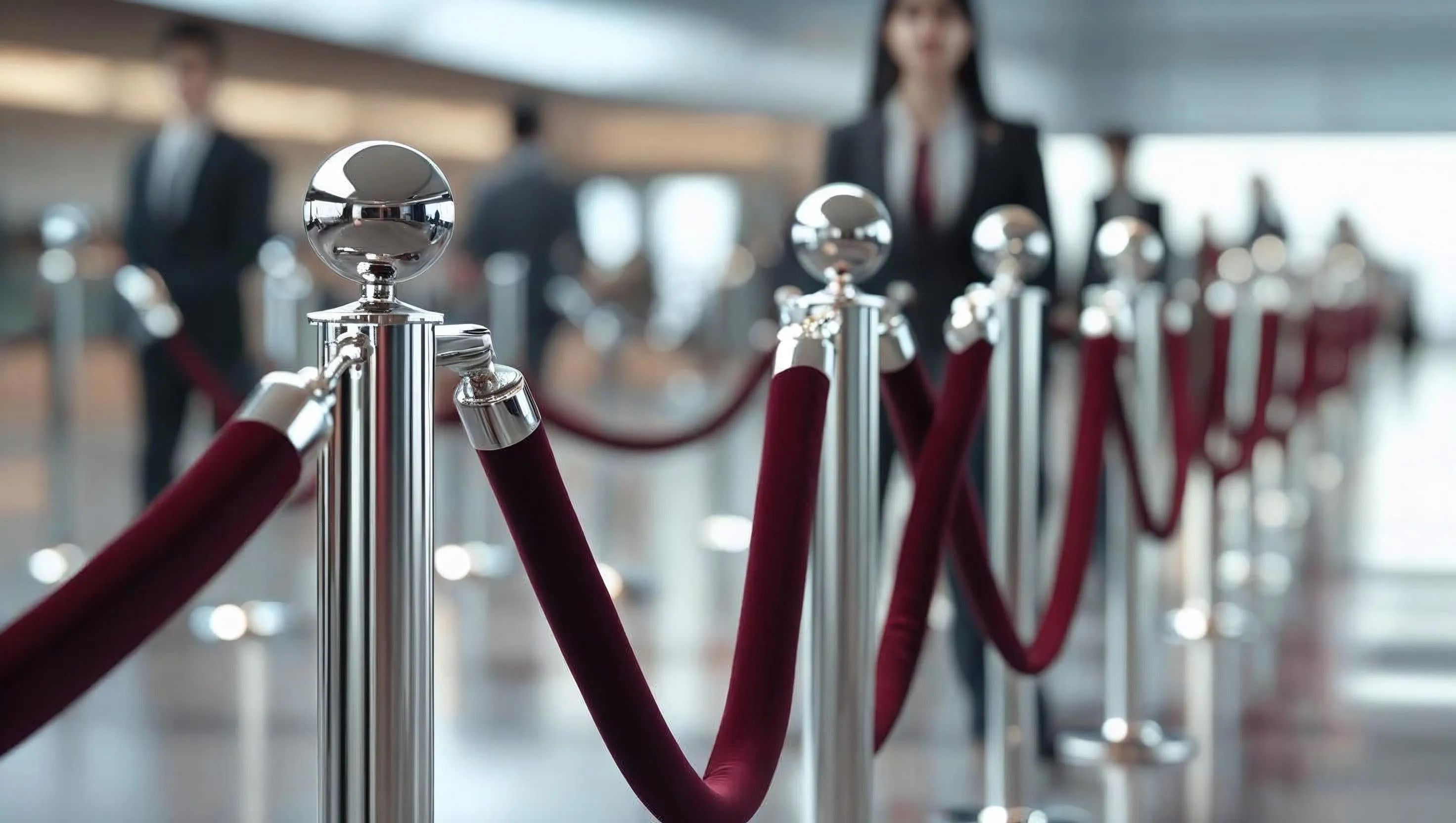 Silver rope stanchions with deep red velvet ropes at an event entrance