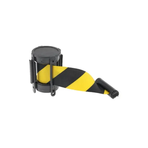 Retractable stanchion belt printed with a repeating caution message