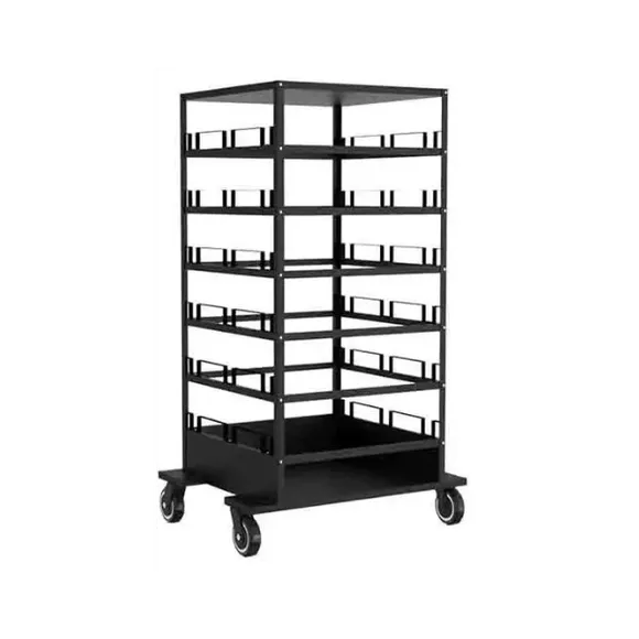 Horizontal storage cart holding stanchion posts lying on their sides