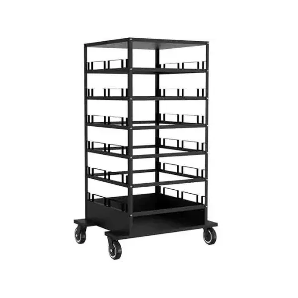 Horizontal storage cart holding stanchion posts lying on their sides