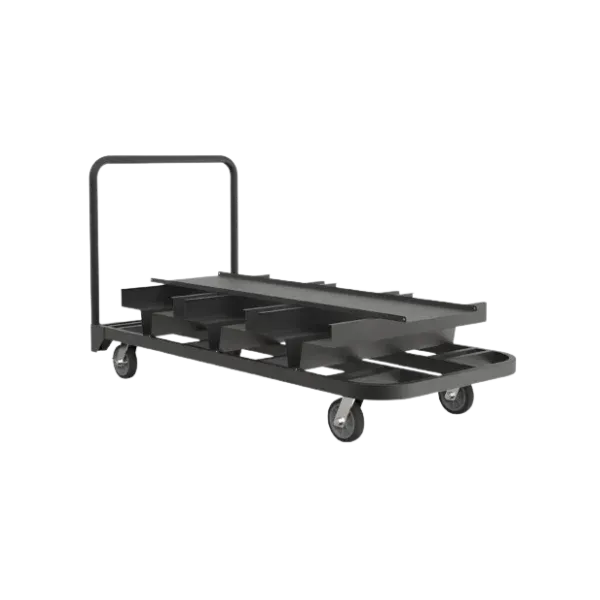 Vertical storage cart holding stanchion posts standing upright