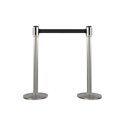 Silver retractable belt stanchion post with the belt drawn from its head