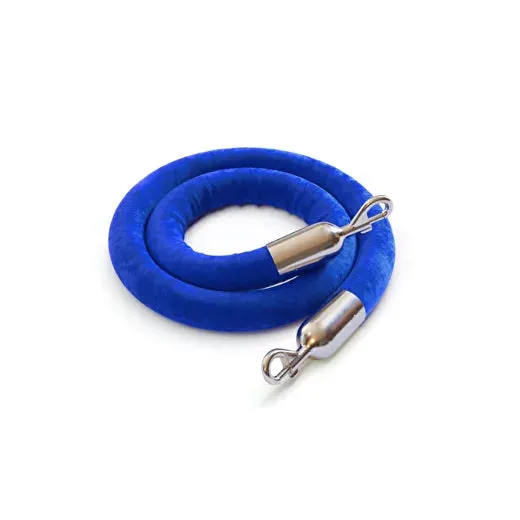 Coiled royal blue velvet stanchion rope with polished metal end clips