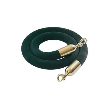 Coiled dark green velvet stanchion rope with polished metal end clips