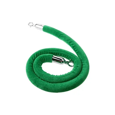 Coiled mid-green velvet stanchion rope with polished metal end clips