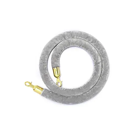 Coiled grey velvet stanchion rope with polished metal end clips