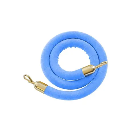 Coiled light blue velvet stanchion rope with polished metal end clips