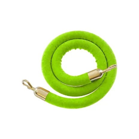 Coiled light green velvet stanchion rope with polished metal end clips