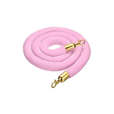 Coiled light pink velvet stanchion rope with polished metal end clips