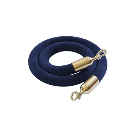 Coiled navy velvet stanchion rope with polished metal end clips