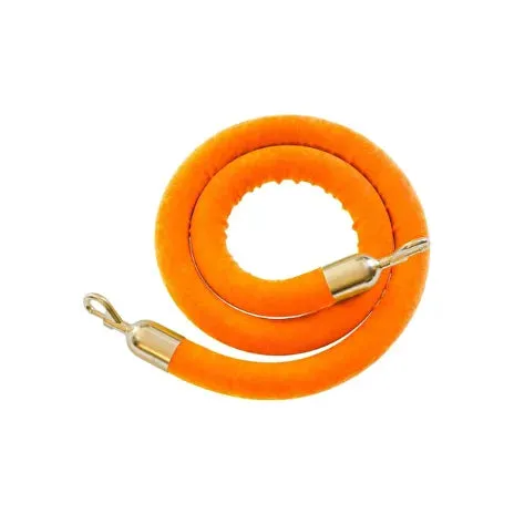 Coiled orange velvet stanchion rope with polished metal end clips