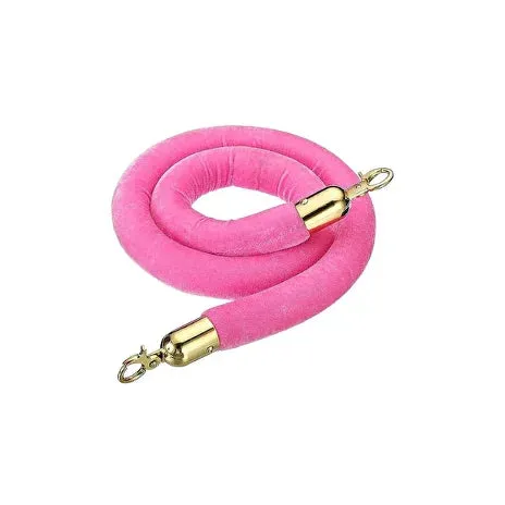 Coiled bright pink velvet stanchion rope with polished metal end clips