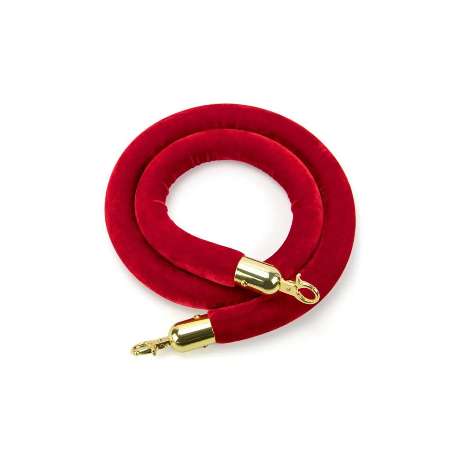 Coiled red velvet stanchion rope with polished metal end clips