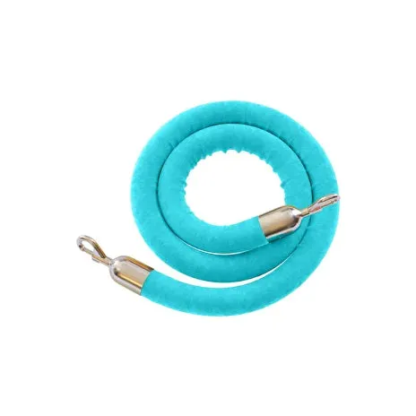 Coiled turquoise velvet stanchion rope with polished metal end clips