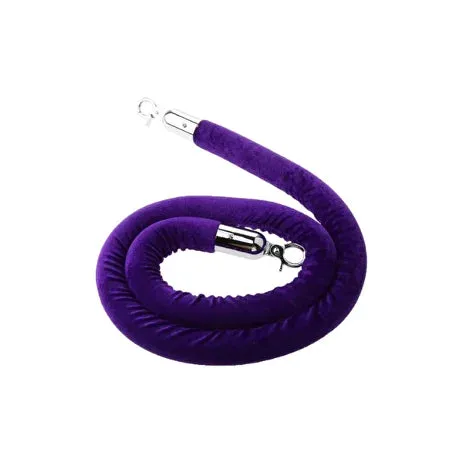 Coiled violet velvet stanchion rope with polished metal end clips