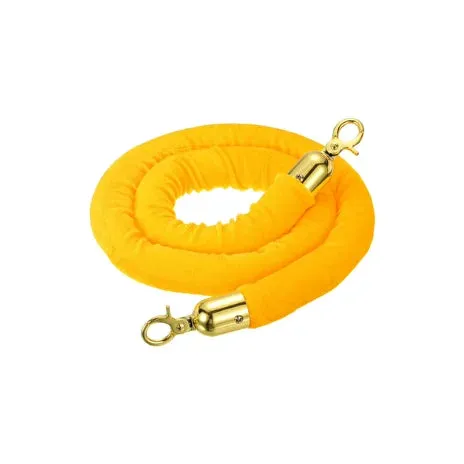 Coiled yellow velvet stanchion rope with polished metal end clips