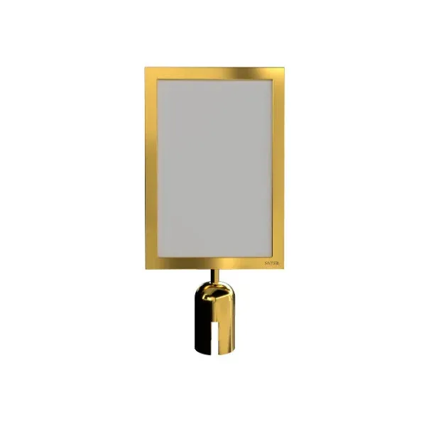 Gold stanchion topper sign frame mounted on a post head