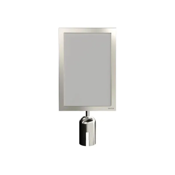 Polished silver stanchion topper sign frame mounted on a post head