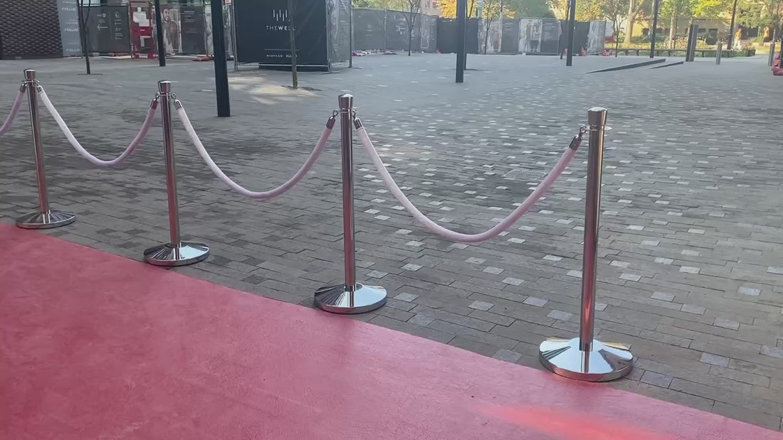 silver stanchions with white velvet rope